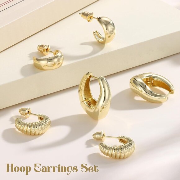 🆕 Women Gold Trendy Small Hoop Earrings Twisted Huggie Thick Open Chunky Stacks - Picture 5 of 7